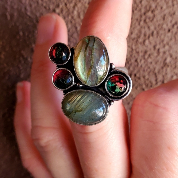 New Labradorite & Bi-Color Tourmaline Silver Ring. - Picture 6 of 16